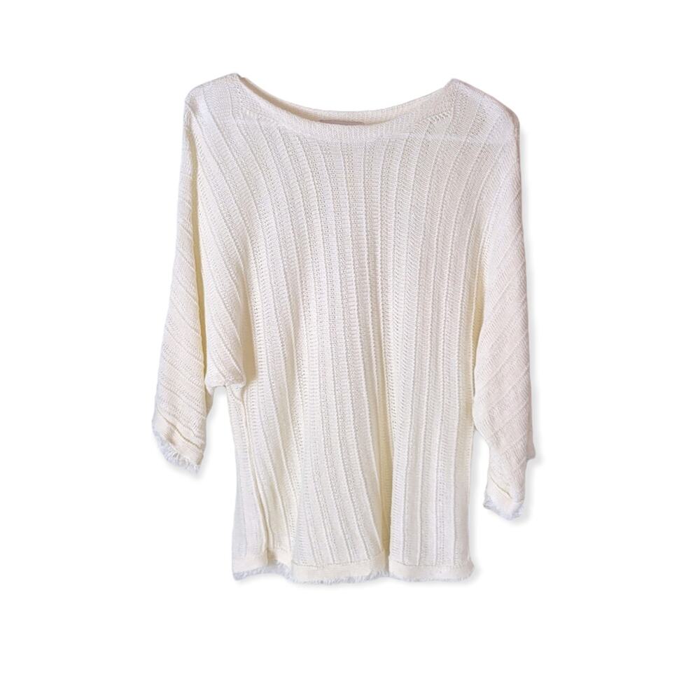 Coldwater Creek Cream Linen Open Knit Fringe Sweater S Petite‎ Beach Coastal
